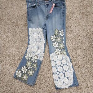 3226 Size 14 Duck Head Upcycled Cream and Green Jeans.